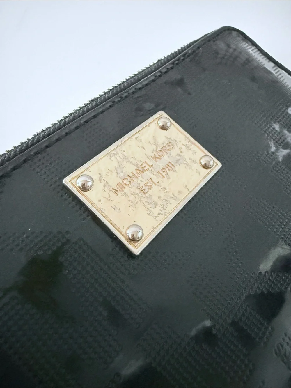 Michael Kors Black Patent Embossed Logo Zip Around Accordion Wallet Gold Tone